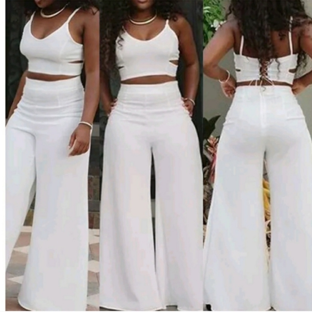 White 2 piece wide leg set